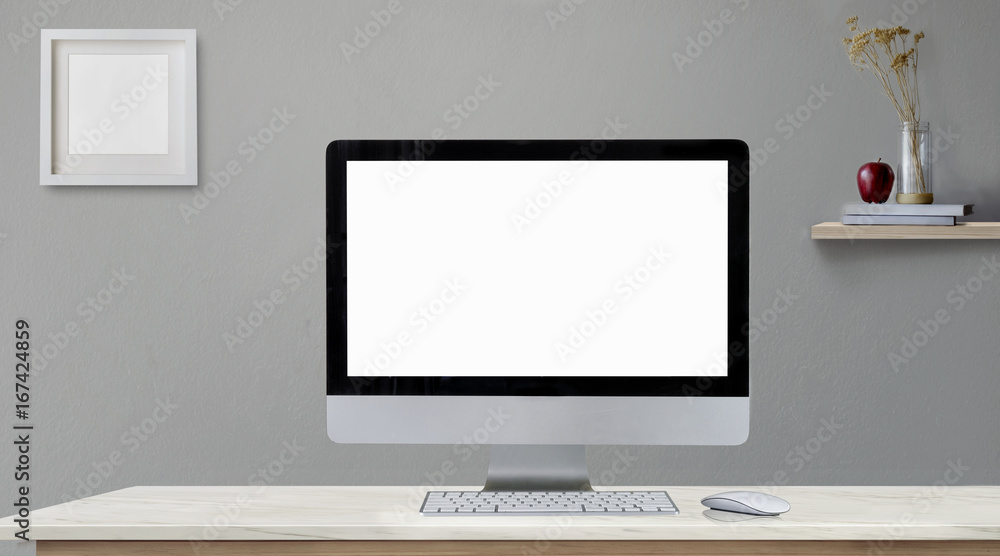 workspace top marble desk modern desktop computer. copy space and blank screen for products or graphics montage. workspace top marble desk modern desktop computer. copy space and blank screen for products or graphics montage.