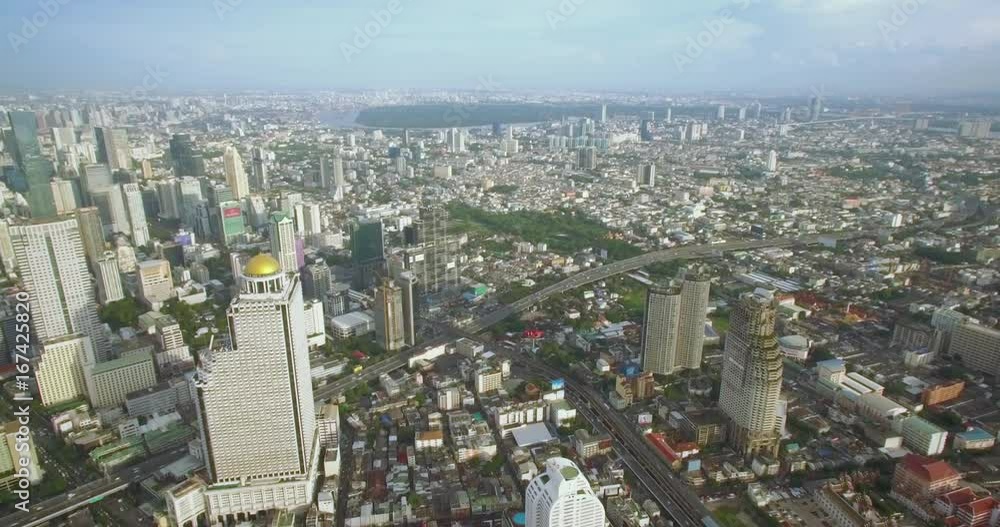 High Aerial Shot Over Sathorn District in Central Bangkok, Thailand
