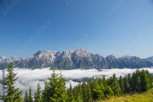 Austrian alps salzburg leogang. Blue sky morning fog beautiful scenery austrian alps in summer