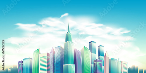 Vector cartoon illustration, banner, urban background with modern big city buildings, skyscrapers, business centers. City landscape.