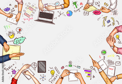 Vector pop art illustration of a man and a woman sitting at a negotiation table, discussion of a new project, idea, top view. Concept of brainstorming
