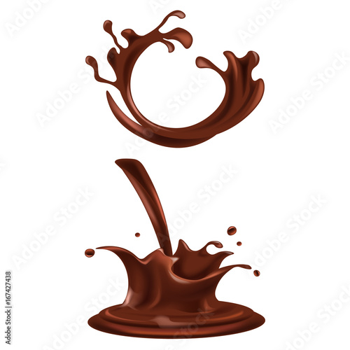 Splashes and drops of dark chocolate illustrations set