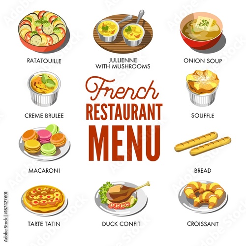 French restaurant menu with traditional national tasty food