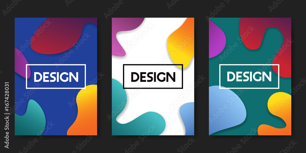 Set of vector illustrations with trendy color fluid shapes. Abstract design posters with colorful geometric elements on white blue and turquoise background.