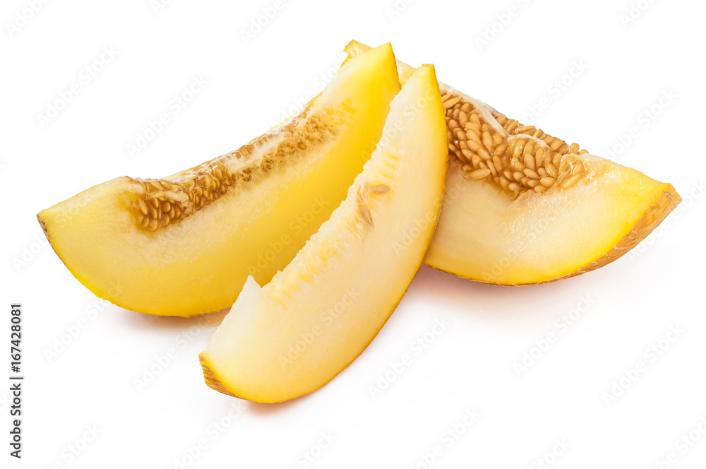 Slices of sweet, ripe yellow melon with seeds. Isolated on white Slices of sweet, ripe yellow melon with seeds. Isolated on white