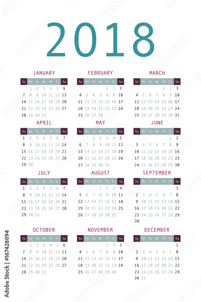 Calendar 2018 year simple style. Calendar 2018 year simple style.