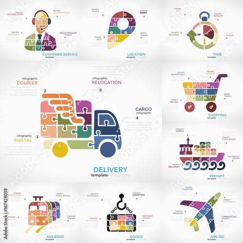 Delivery infographic collection pack with Customer Service, Location, Time, Shopping, Freight, Railroad, Goods and Airline puzzle illustrations