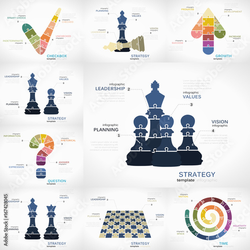Strategy infographic collection pack with Check box, Growth, Strategy, Question and Time puzzle illustrations