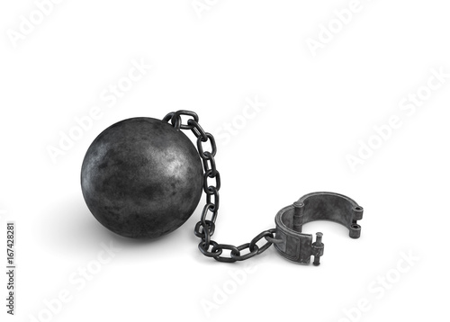 3d rendering of a large black ball and chain connected to an open cuff lying on white background.