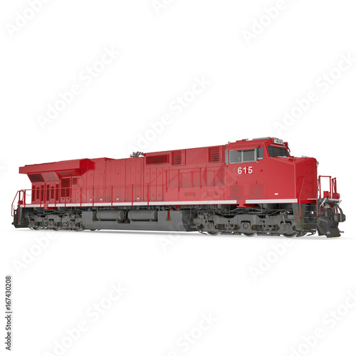 Modern red locomotive isolated on white. 3D illustration, clipping path