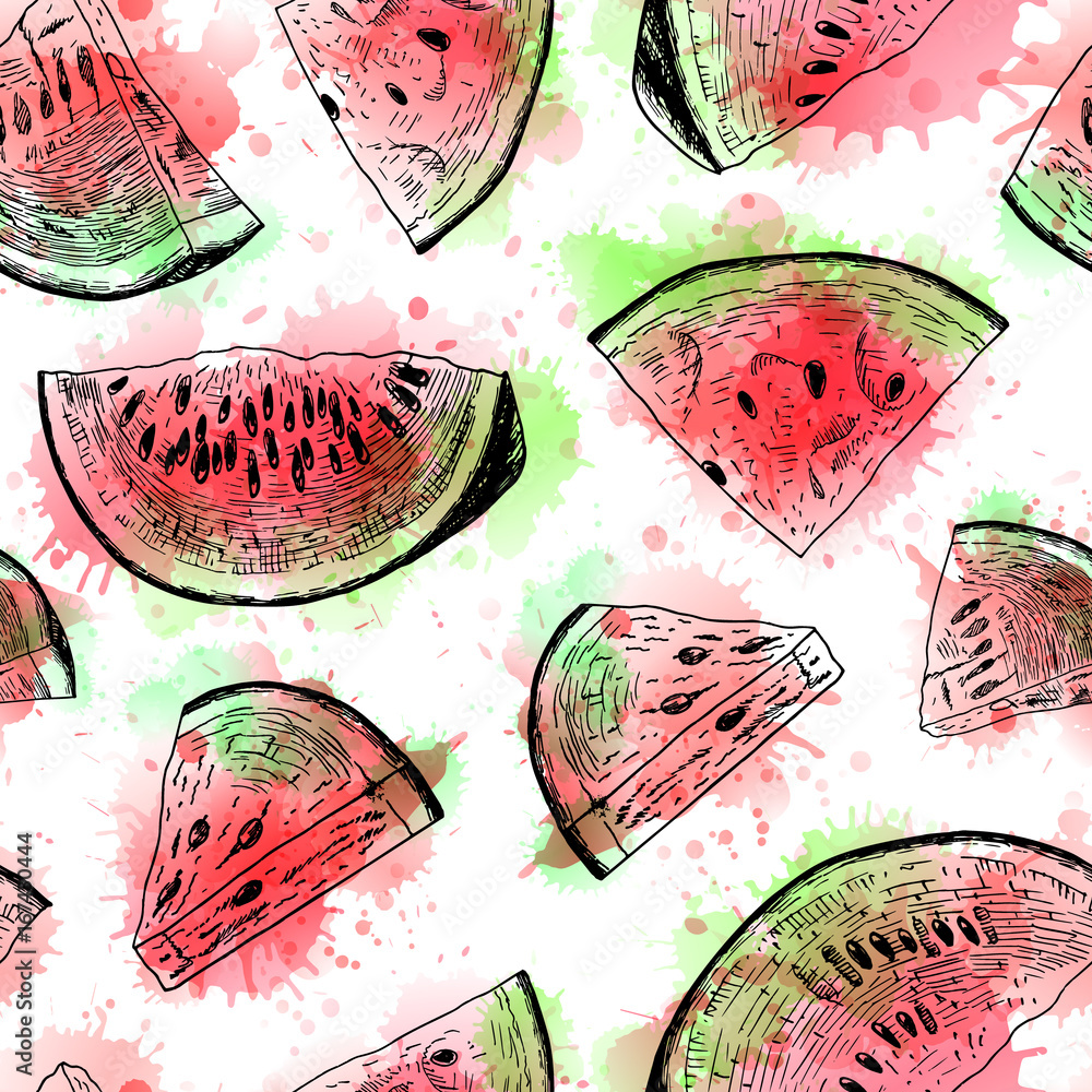 Fototapeta premium Seamless watercolor pattern with watermelon. Vector background