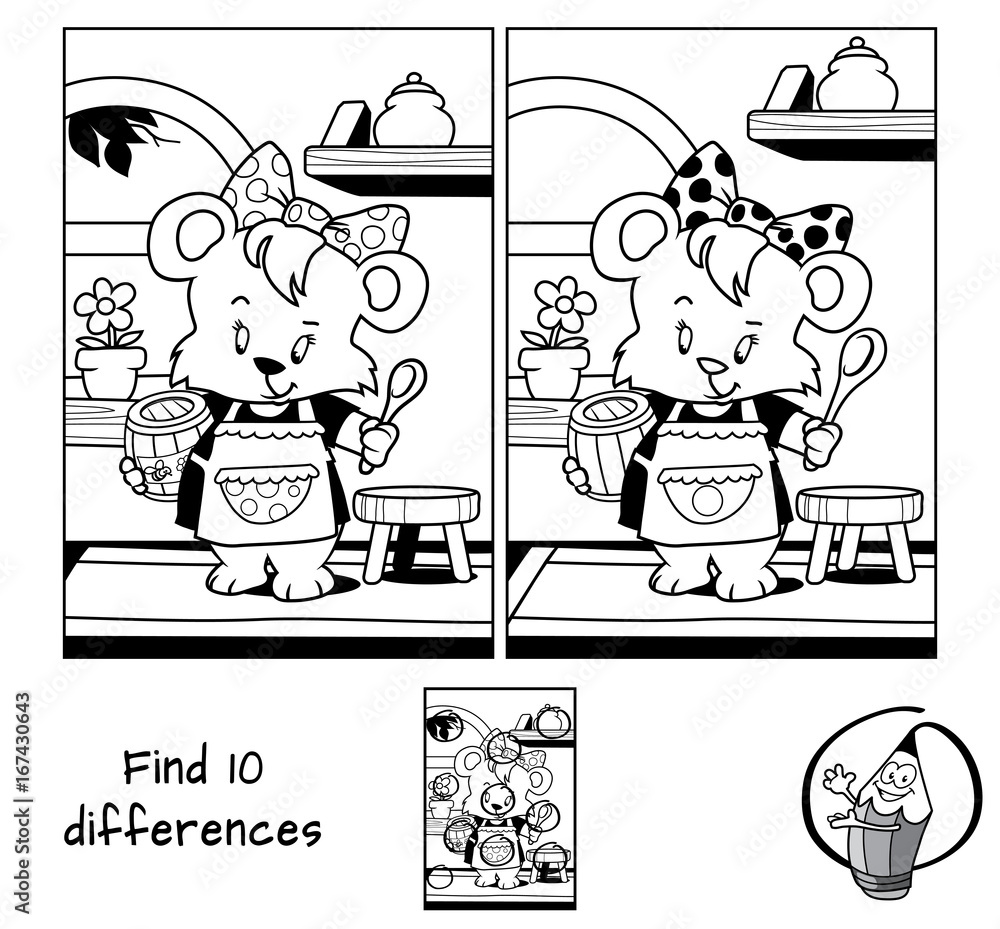 Naklejka premium Little bear girl in apron with a barrel of honey and a spoon. Find 10 differences. Educational game for children. Black and white cartoon vector illustration
