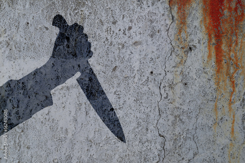 Silhouette  hand with killing kitchen knife on bloody wall background. Illustration for criminal chronicles.