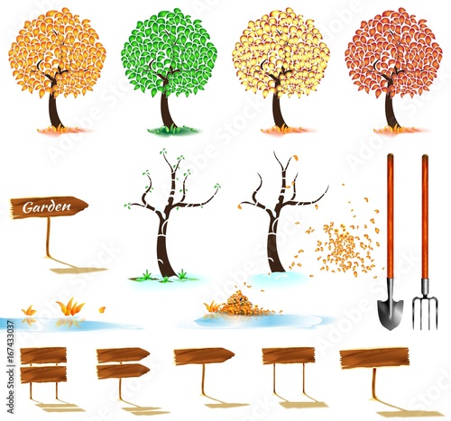 Trees, wooden signs, a shovel, a pitchfork, a pile of leaves, garden, vector set of images