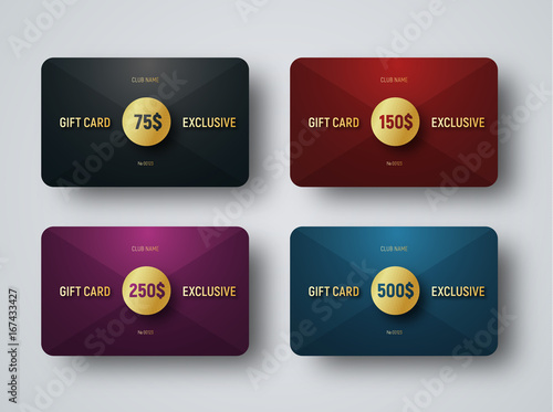 Templates of premium gift cards with a golden circle at the intersection of triangles