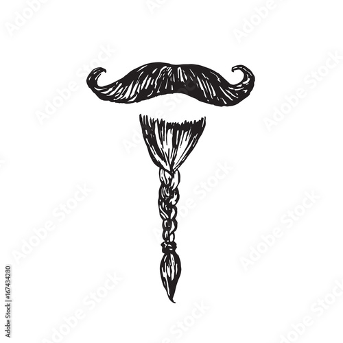Beard braided pigtail and a fancy mustache, hand drawn doodle, sketch in woodcut style, black and white vector illustration