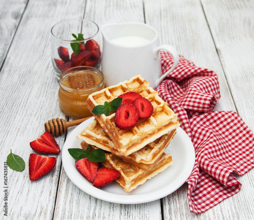 belgian waffles with strawberries and mint belgian waffles with strawberries and mint
