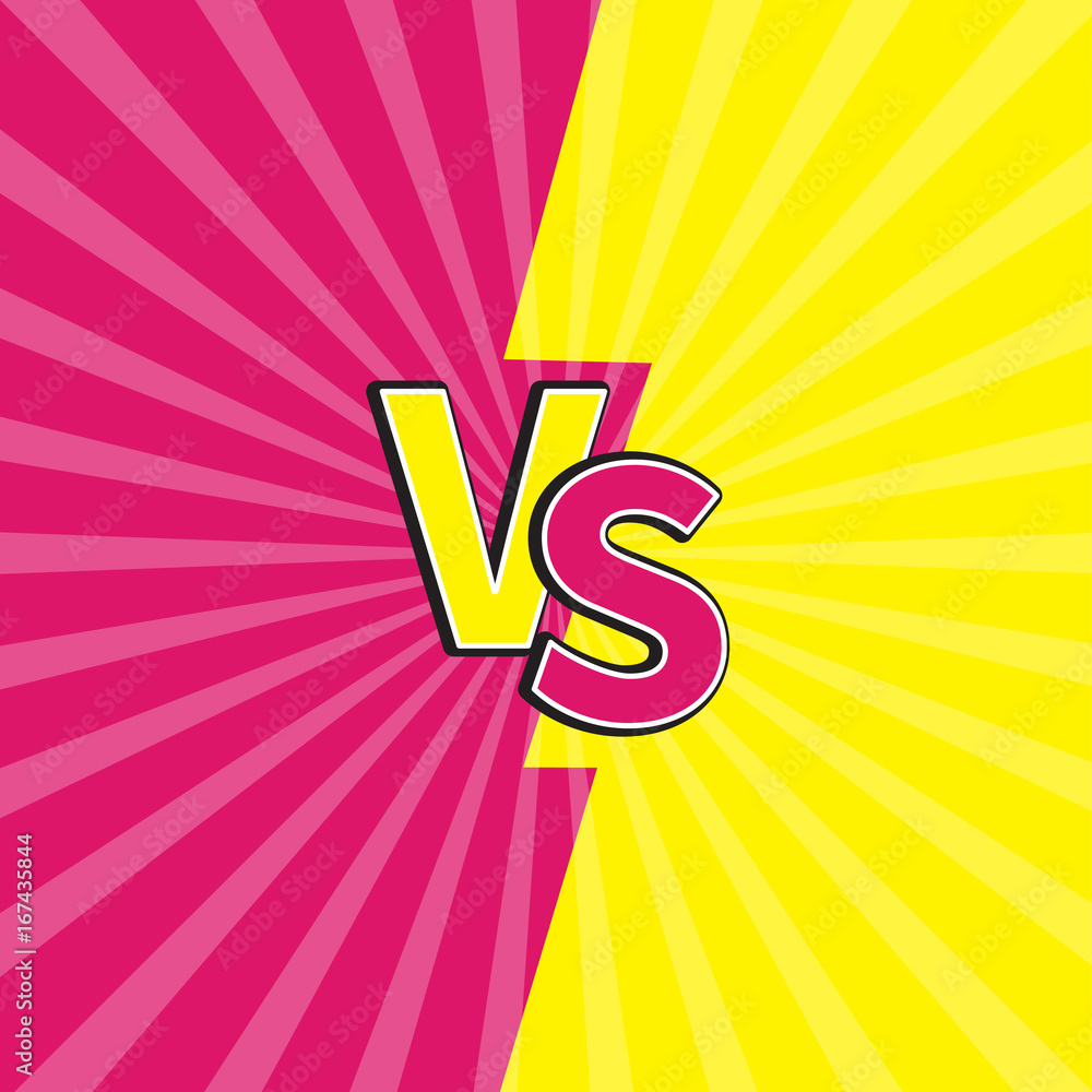Versus Letters Or VS Battle Fight Competition. Cute Cartoon Style. Pink  Yellow Background Template. Sunburst With Ray Of Light. Starburst Effect.  Flat Design. Vector Illustration Royalty Free SVG, Cliparts, Vectors, and  Stock
