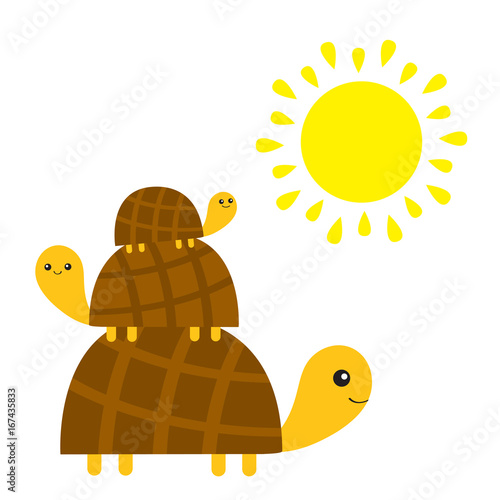 Three turtle tortoise pyramid. Yellow sun. Cute cartoon character family set. Father, mother, baby. Pet animal collection. Education cards for kids. White background. Isolated. Flat design