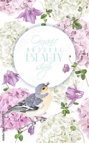 Hydrangea bird vertical banner