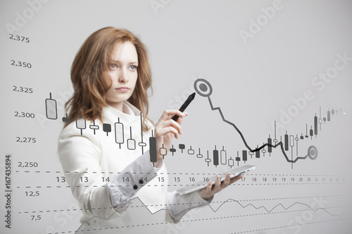 Finance data concept. Woman working with Analytics. Chart graph information with Japanese candles on digital screen.