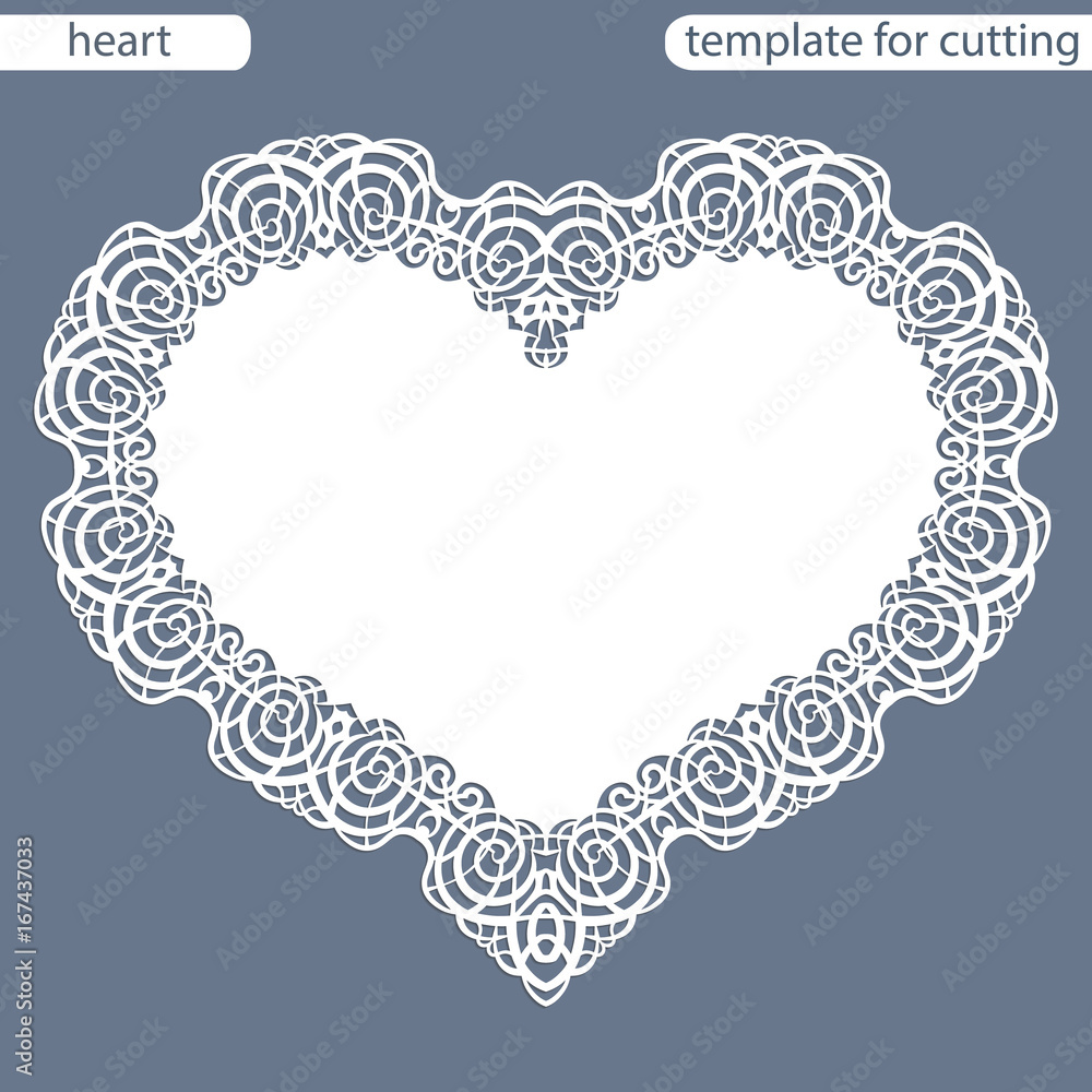 Greeting card with openwork border, paper doily under the cake, template for cutting in the form of heart, valentine card,  wedding invitation, decorative plate is laser cut,  vector illustrations.