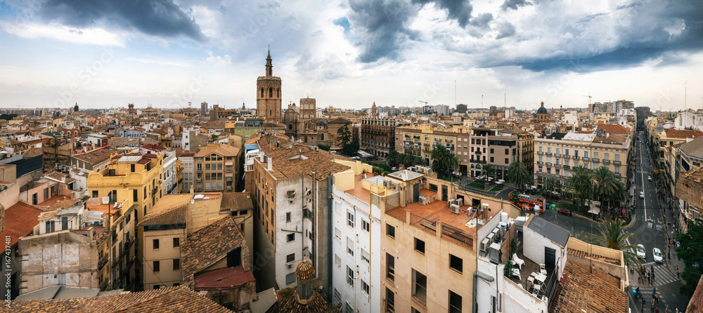 Aerial panoramic view of the old town in Valencia from Santa Caterina tower, Spain