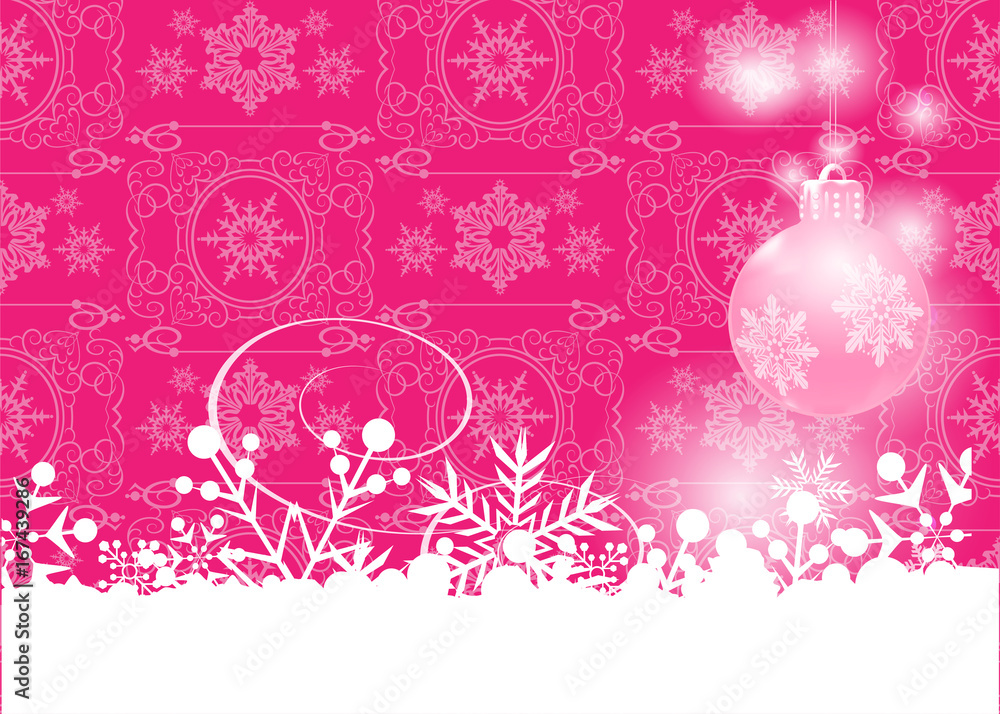 Christmas card. Abstract pink background with christmas balls