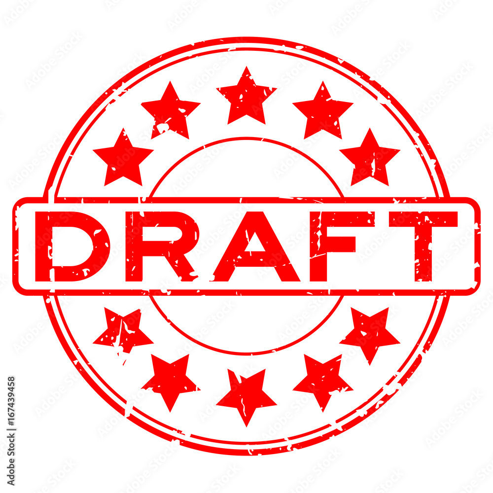 Grunge red draft with star icon round rubber seal stamp on white