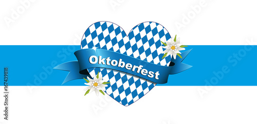 Oktoberfest Banner, Karte mit Herz und Edelweiß,
Grüße zum Oktoberfest, Herz aus Bayrische Fahne,
Vektor Illustration isoliert auf weißem Hintergrund 