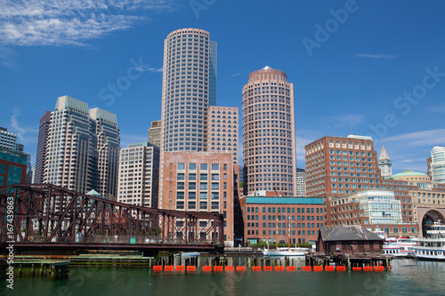 Boston skyline and Northern Avenue Bridge.