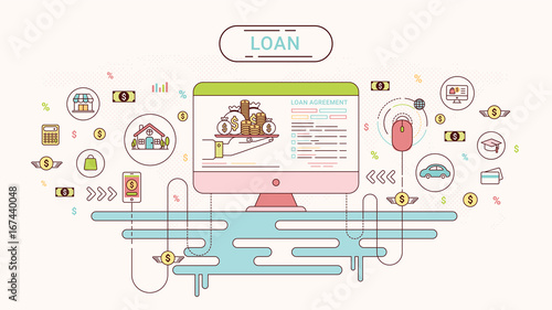 Loan Infographics. Loan agreement between the lender and the borrower. Flat line icons design contains loan offer, finance, money, bank, creditor, and debtor. Vector illustration.