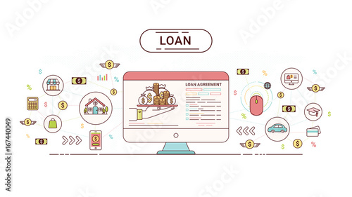 Loan Infographics. Loan agreement between the lender and the borrower. Flat line icons design contains loan offer, finance, money, bank, creditor, and debtor. Vector illustration.