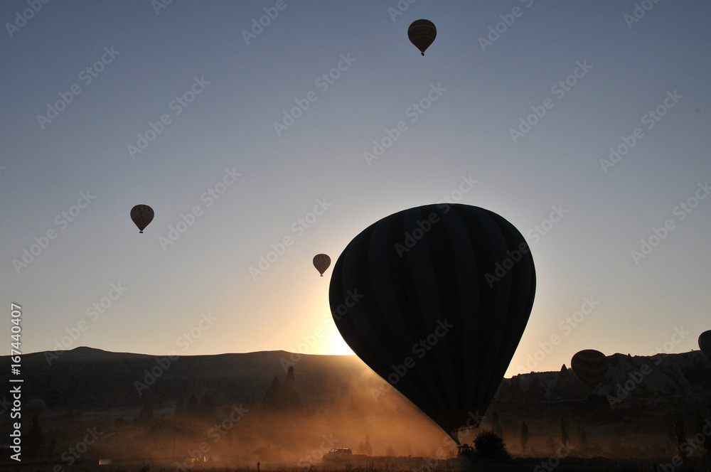 Hot air balloons trip at valleys in Cappadoica, Turkey