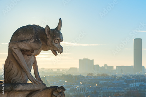 Foto Gargoyle looking at Paris aerial view with montparnasse tower in the background