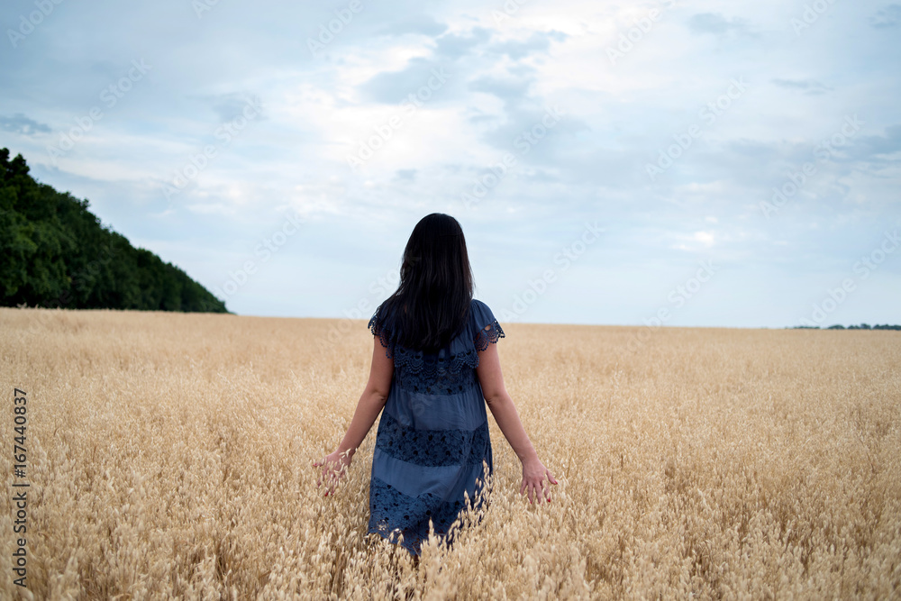 Back view of beautiful young woman walking in golden oat field with blue sky background, free space. Liberty, peace of mind concept. Girl in ears of ripe oat field under blue sky