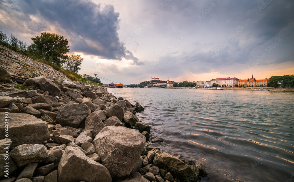 Cityscape of Bratislava, Slovakia at Sunset  as Seen from Danube River Bank Towards Old Town of Bratislava.
