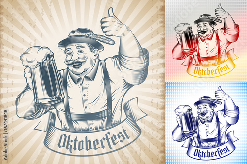 Man holding beer glass with lager on Oktoberfest. Traditional German Bavarian clothes, hat, pants, straps. The thumbs-up gesture. Vector print from retro hand drawing ink tattoo on vintage background