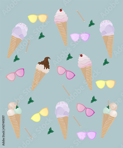 Ice cream and sunglasses pattern Vector illustration. Summer template banner