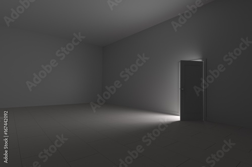 Dark Empty Room with Light from the Door. 3D Render