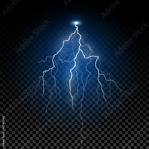 Shiny realistic vector lightning. Thunderstorm flash lightning bolt design element with transparent blue shine.