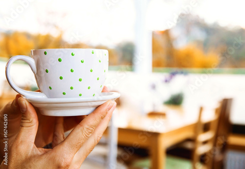 Hands holding white cup in cafe at autumn time.