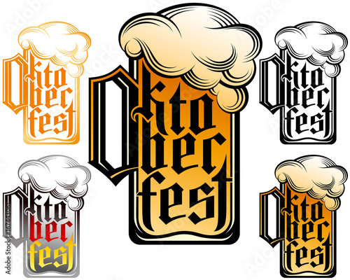 Foamy lager in beer glass with Oktoberfest lettering. Font design from gothic german letters. Vector set of color and monochrome icons, signs and emblems for national holiday Beer Festival in Bavaria