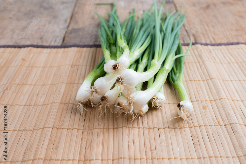 Pile of fresh spring onion on wood table Pile of fresh spring onion on wood table