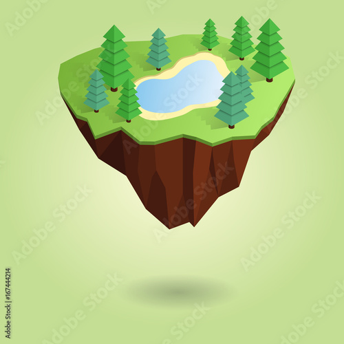 Isometric summer floating island isolated on the background. Low-poly christmas tree and lake. Polygonal 3d design or infographic element with shadow. Vector illustration.