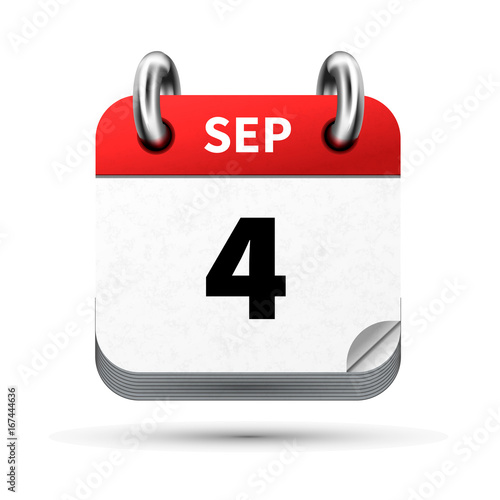 Bright realistic icon of calendar with 4 september date isolated on white
