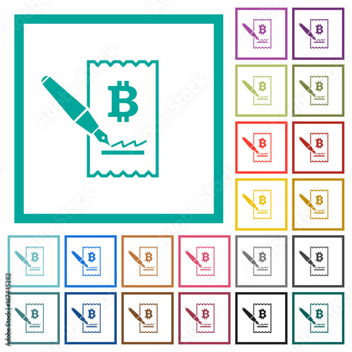 Signing Bitcoin cheque flat color icons with quadrant frames