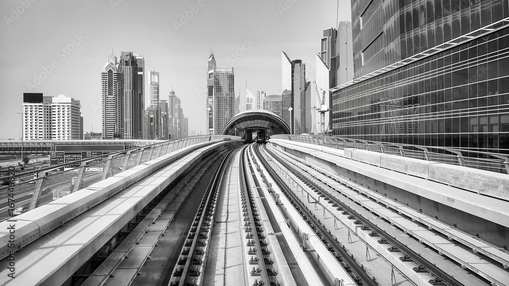 Black and white picture of Dubai city, United Arab Emirates.