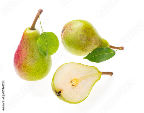 Fresh ripe green and red pears with one cut out into a half juicy pear. Isolated on white
