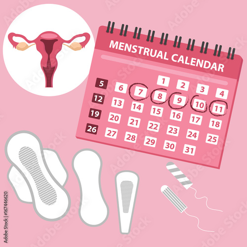 Menstruation calendar with cotton tampons. Woman hygiene protection. Woman critical days. Set of women means personal hygiene vector illustration, feminine hygiene pads, uterus, menstruation.